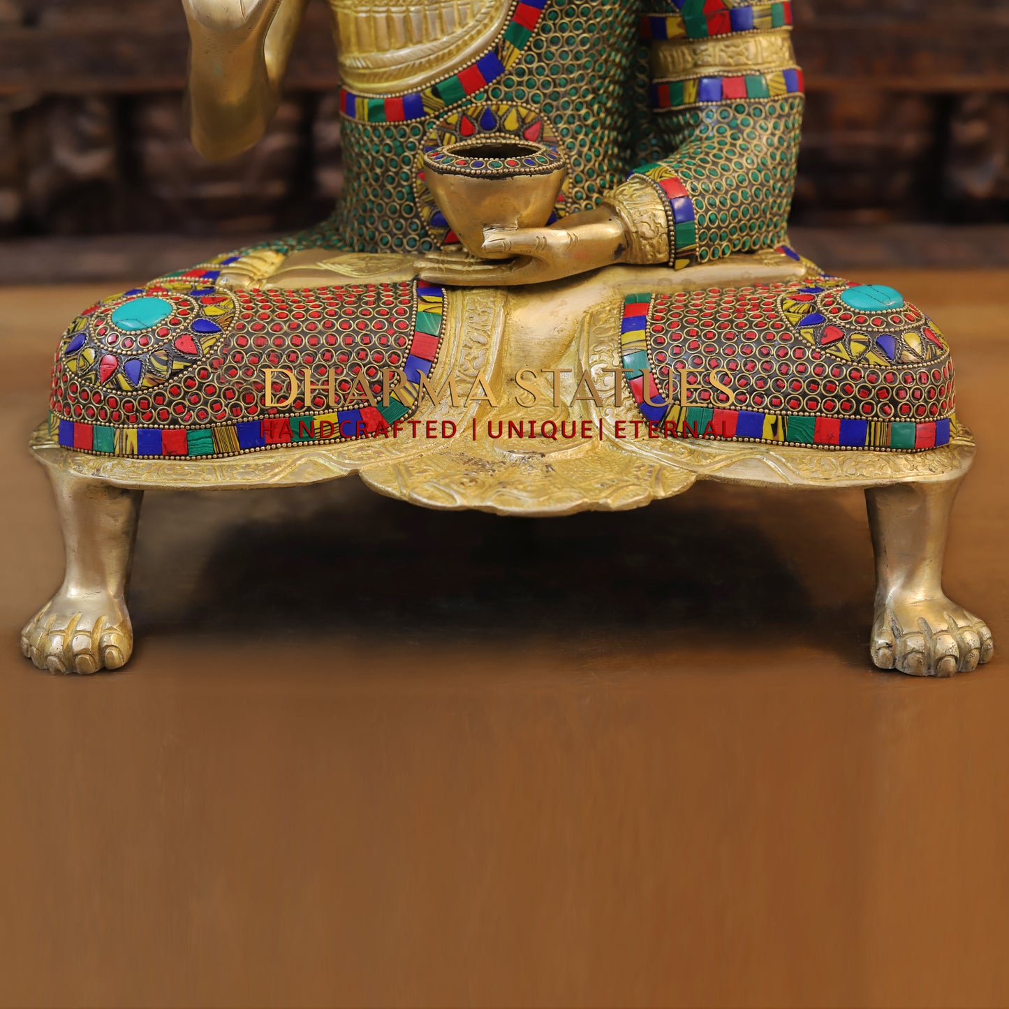 Brass Buddha seated, Abhaya Mudra, Golden & Stonework, 19.5"