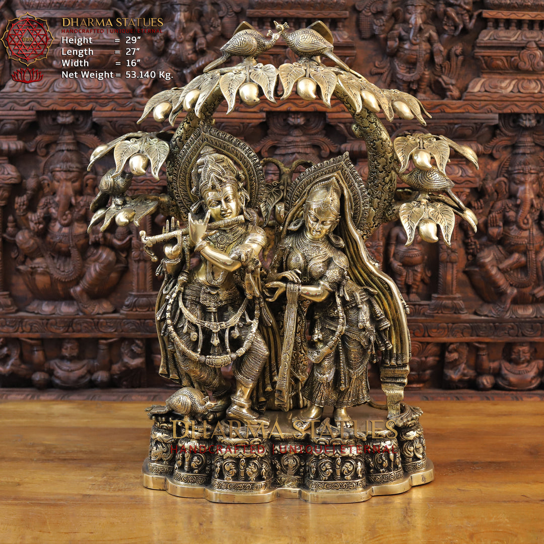 Brass Radha Krishna Idol, Playing Flute Under a Tree, Fine Golden Finish 29" Front View