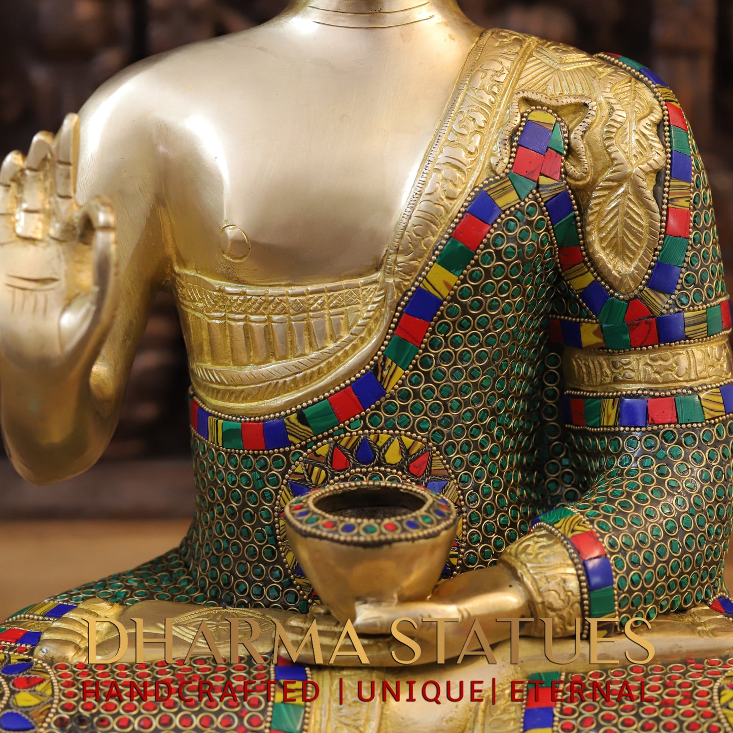 Brass Buddha seated, Abhaya Mudra, Golden & Stonework, 19.5"