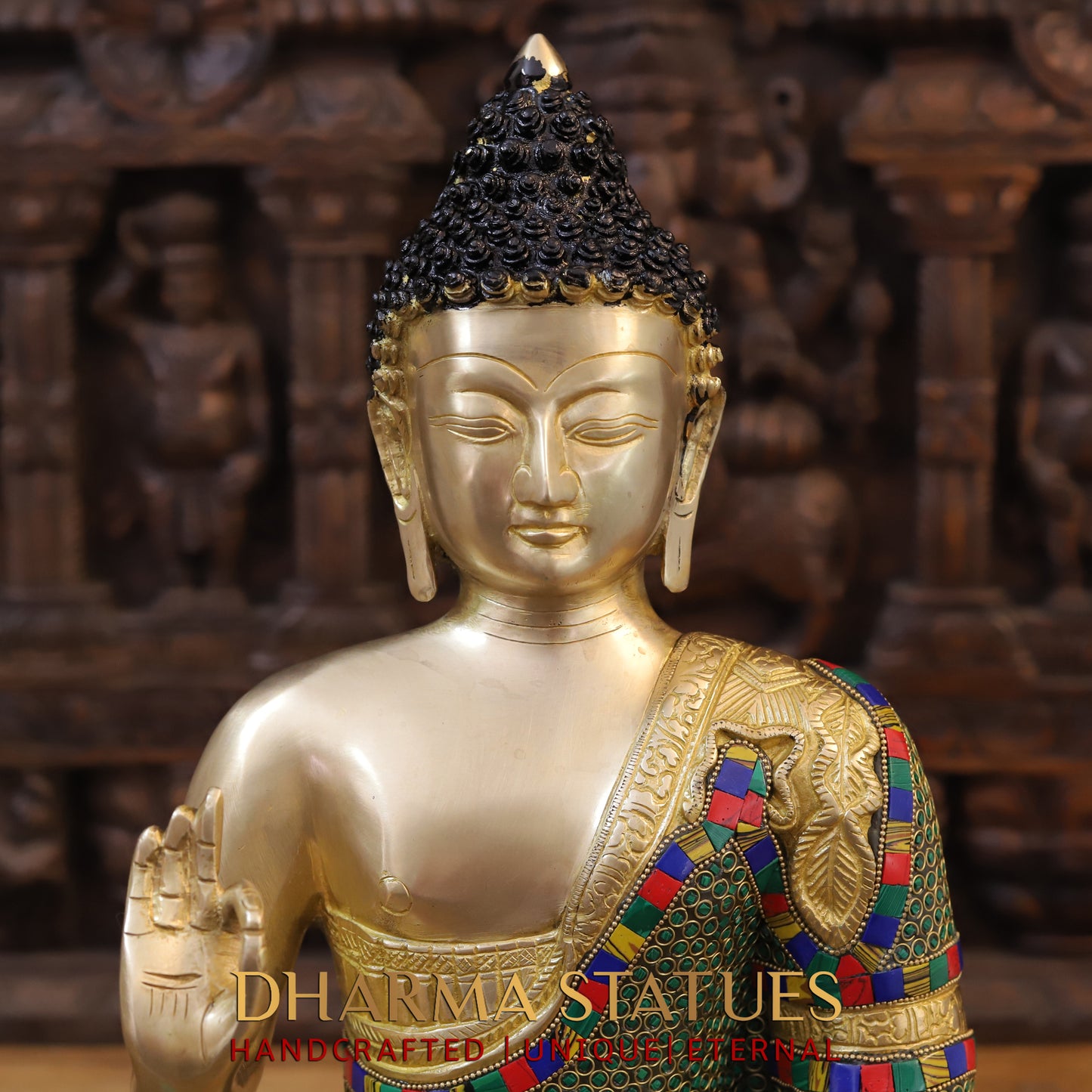 Brass Buddha seated, Abhaya Mudra, Golden & Stonework, 19.5"