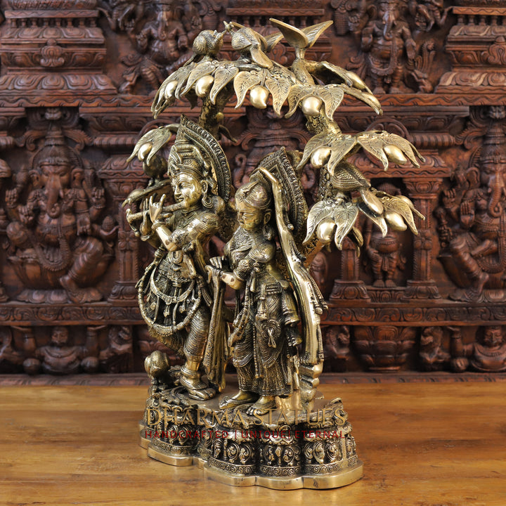 Brass Radha Krishna Idol, Playing Flute Under Mango Tree, Fine Golden Finish 29"