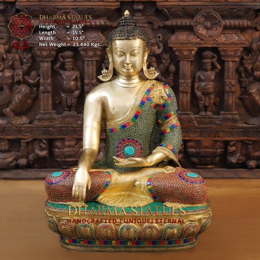 Brass Buddha seated, Bhumisparsha Mudra, Golden & Stonework, 21.5"