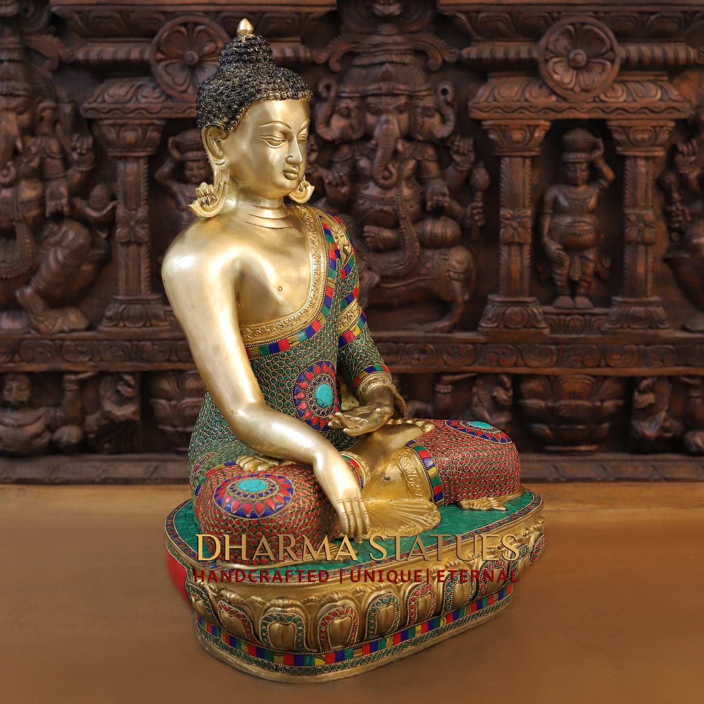 Brass Buddha seated, Bhumisparsha Mudra, Golden & Stonework, 21.5"