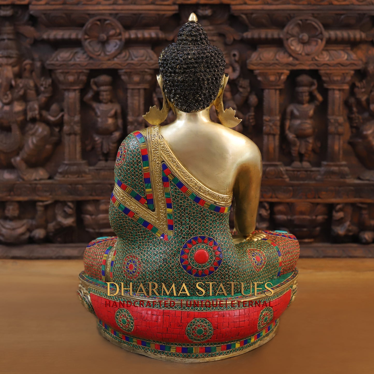Brass Buddha seated, Bhumisparsha Mudra, Golden & Stonework, 21.5"