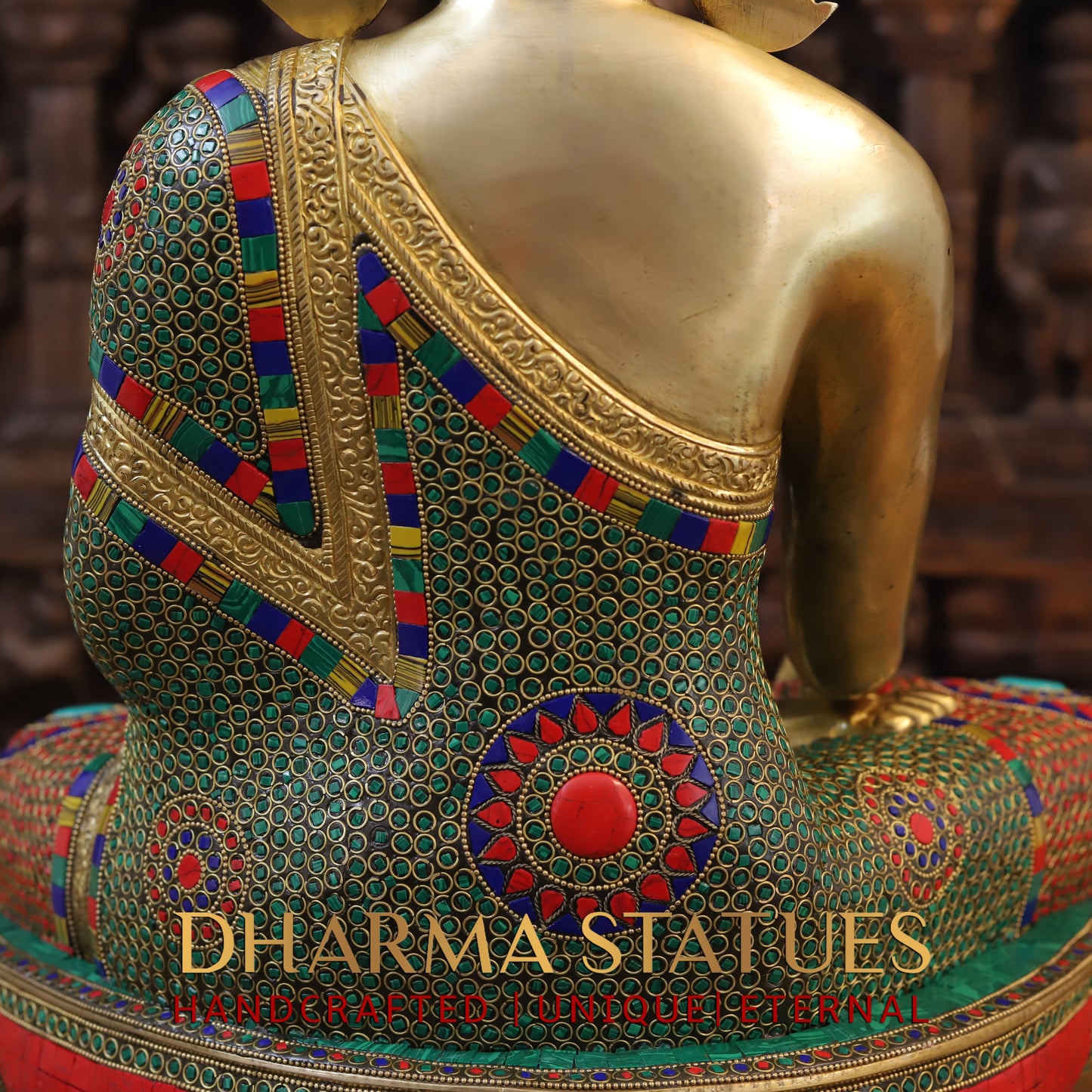Brass Buddha seated, Bhumisparsha Mudra, Golden & Stonework, 21.5"