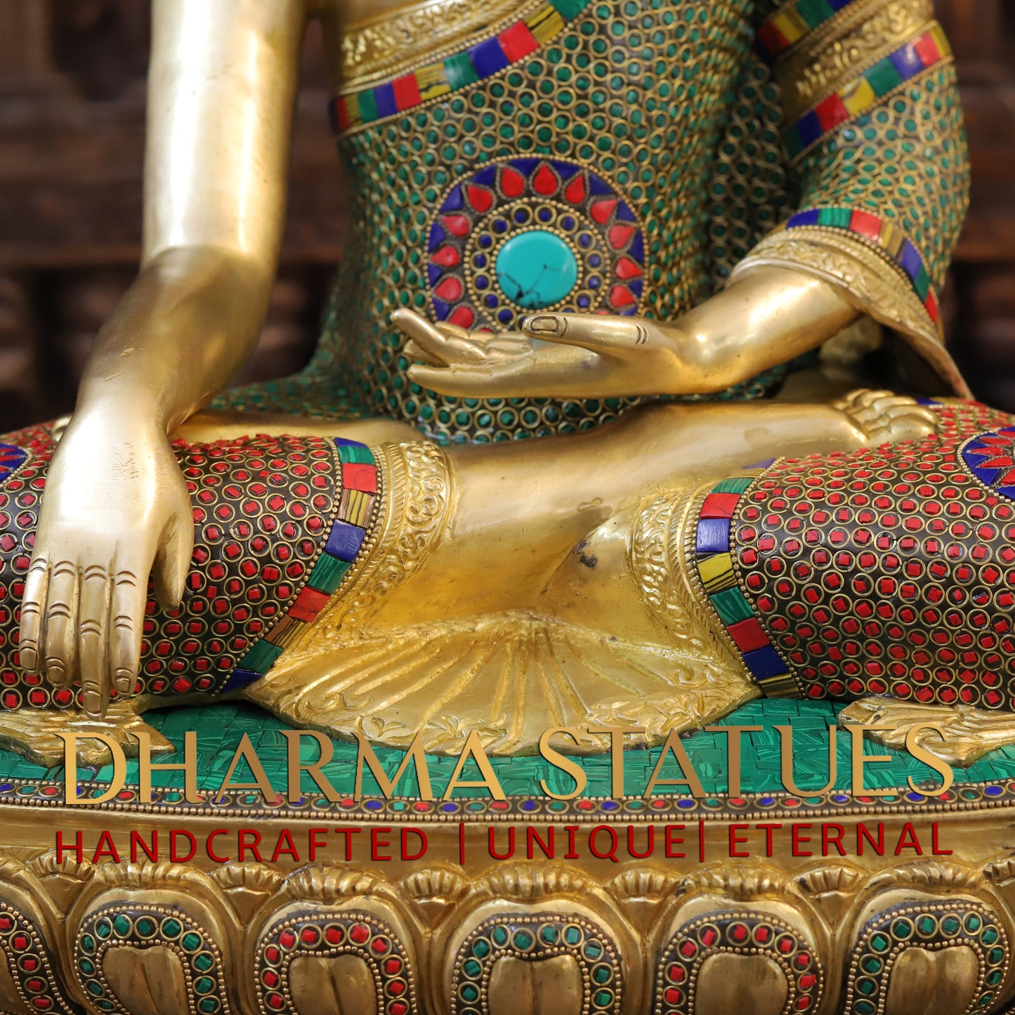 Brass Buddha seated, Bhumisparsha Mudra, Golden & Stonework, 21.5"