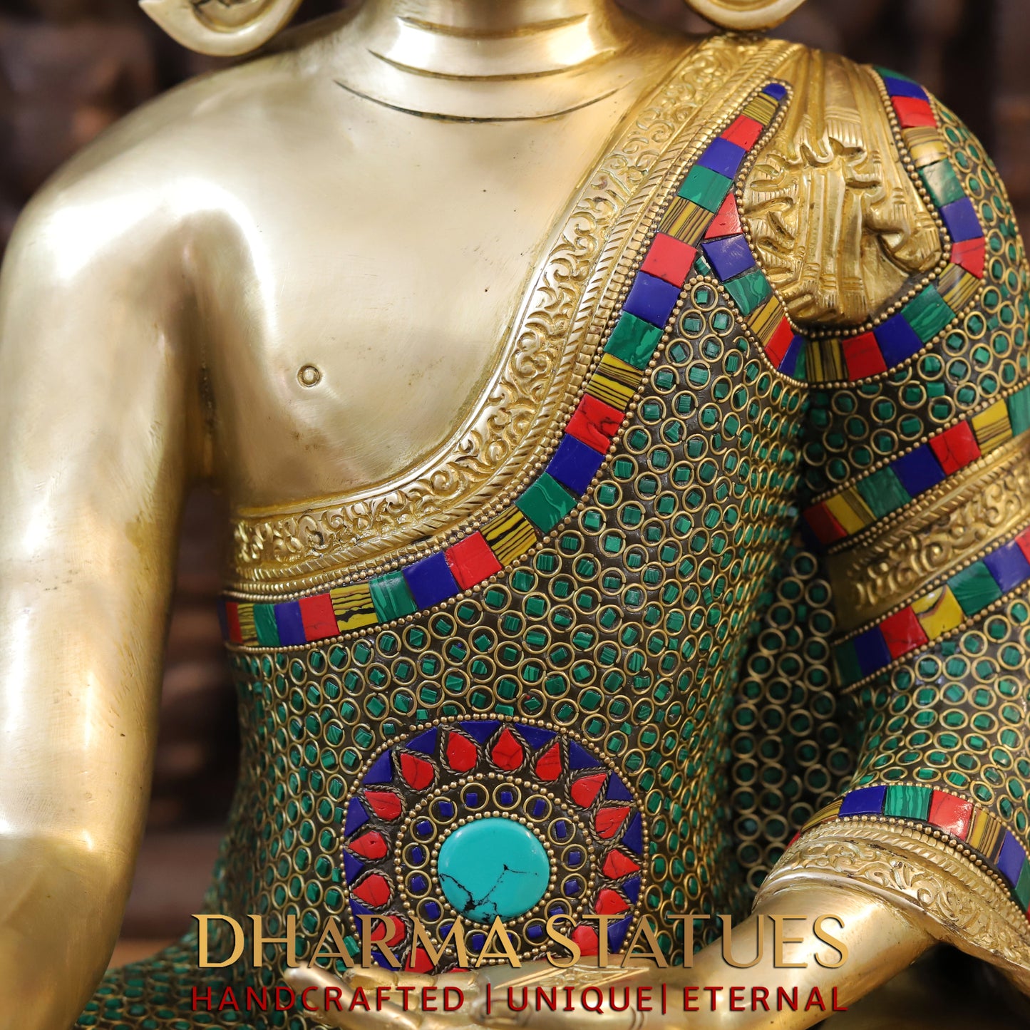 Brass Buddha seated, Bhumisparsha Mudra, Golden & Stonework, 21.5"