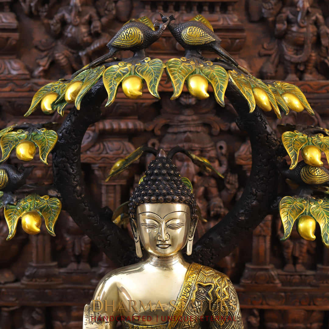 Brass Buddha Statue, Seated Under the Tree, Fine Golden Finish 29"