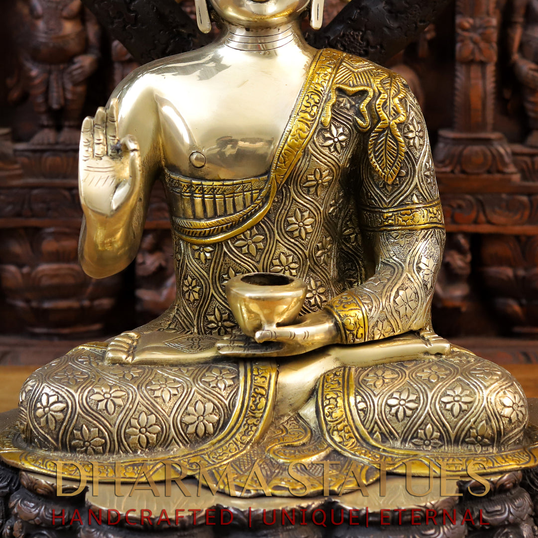 Brass Buddha Statue, Seated Under the Tree, Fine Golden Finish 29"