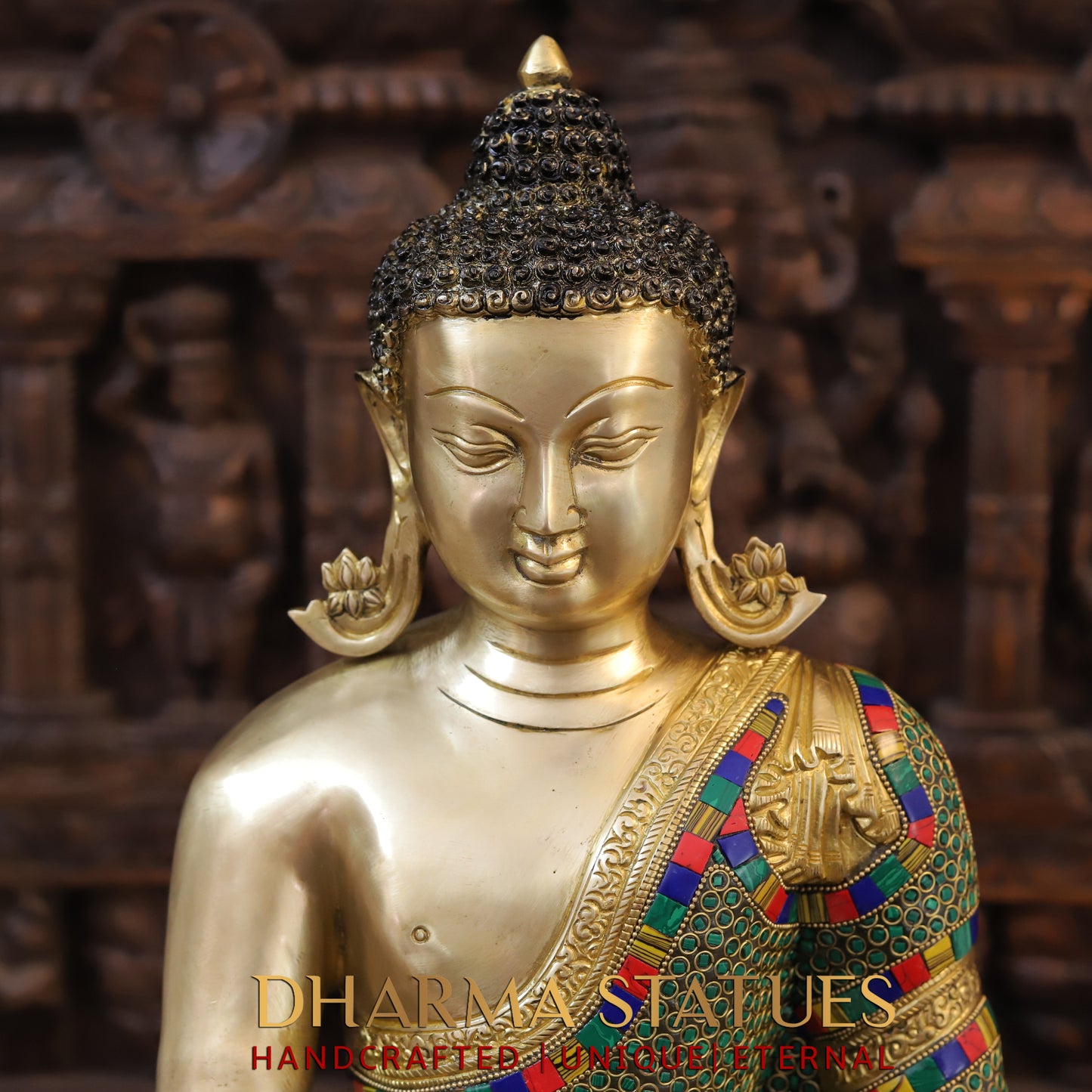 Brass Buddha seated, Bhumisparsha Mudra, Golden & Stonework, 21.5"