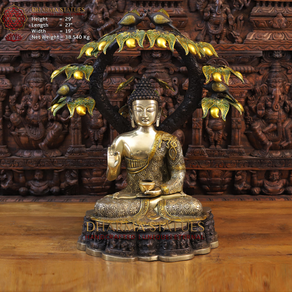 Brass Buddha Statue, Seated Under the Tree, Fine Golden Finish 29" front view