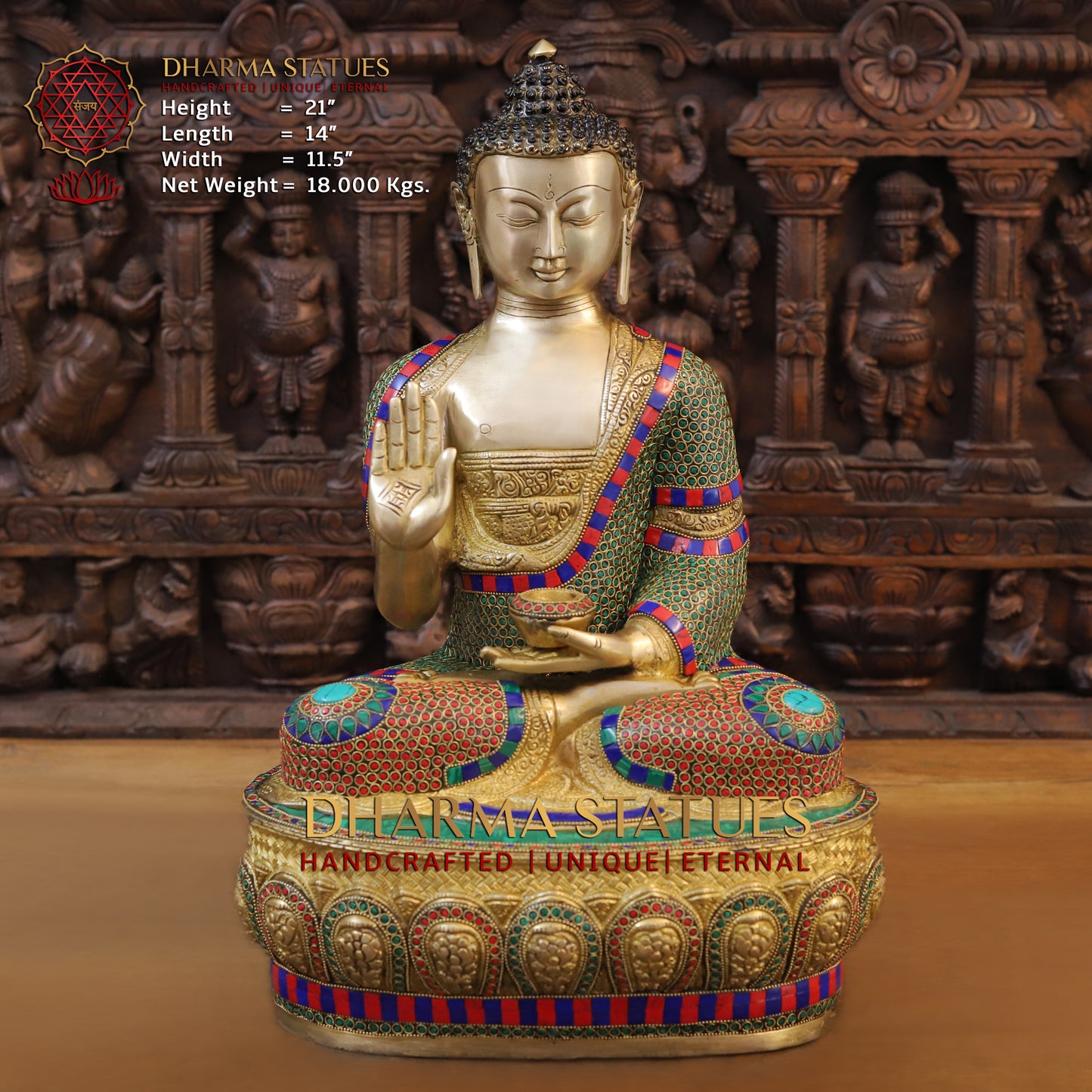 Brass Buddha seated, Blessing Position, Golden & Stonework, 21"