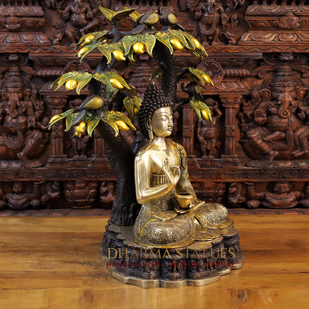 Brass Buddha Statue, Seated Under the Tree, Fine Golden Finish 29" side view