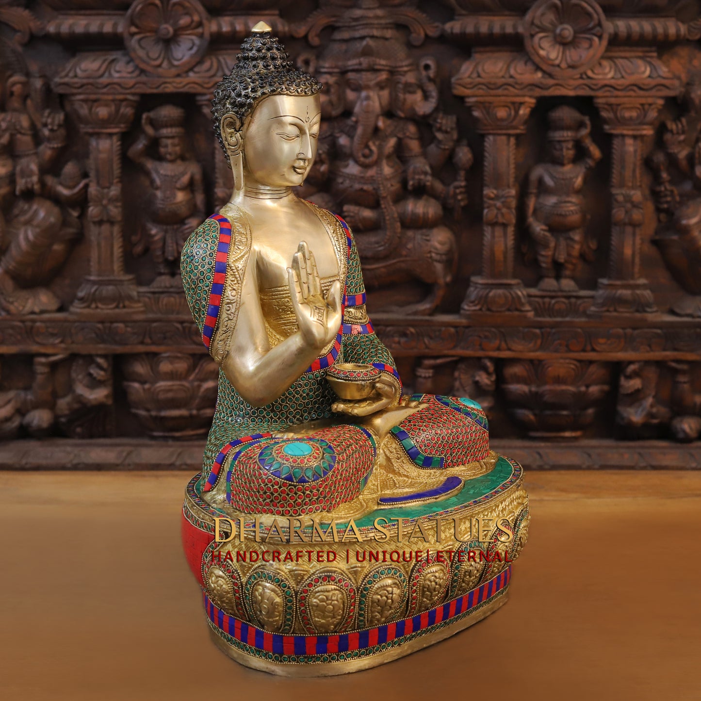 Brass Buddha seated, Blessing Position, Golden & Stonework, 21"