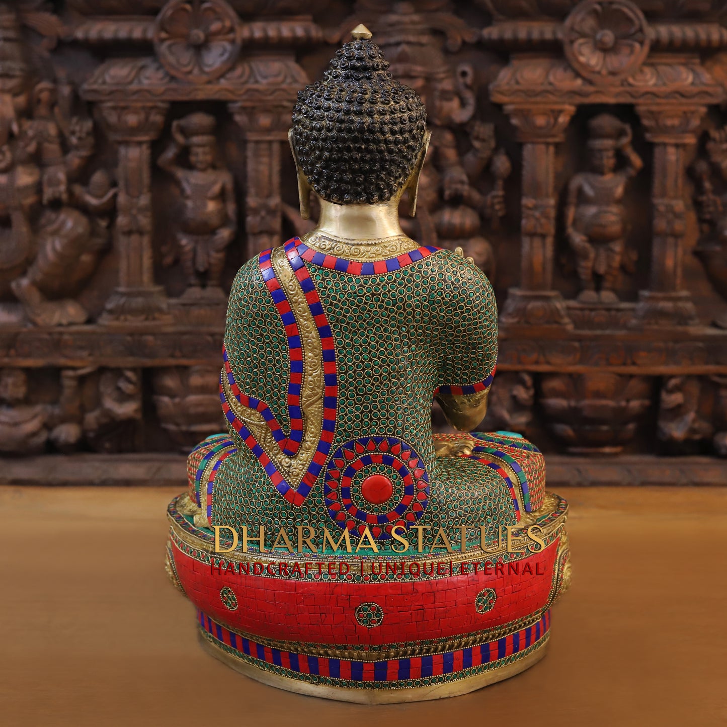 Brass Buddha seated, Blessing Position, Golden & Stonework, 21"