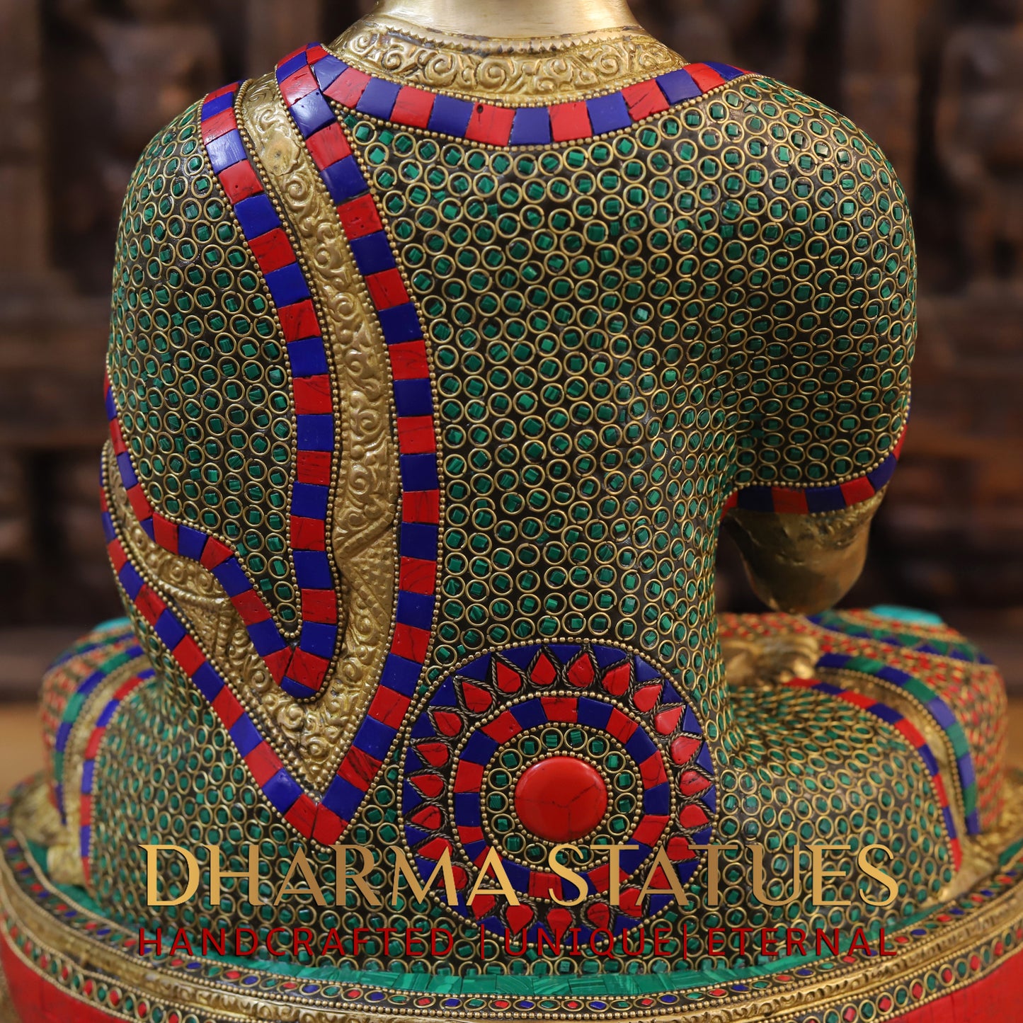 Brass Buddha seated, Blessing Position, Golden & Stonework, 21"