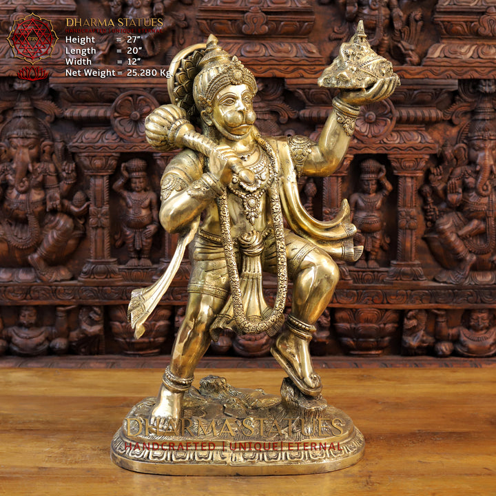 Brass Lord Hanuman, Holding Mountain, Fine Golden Finish 27" Front View