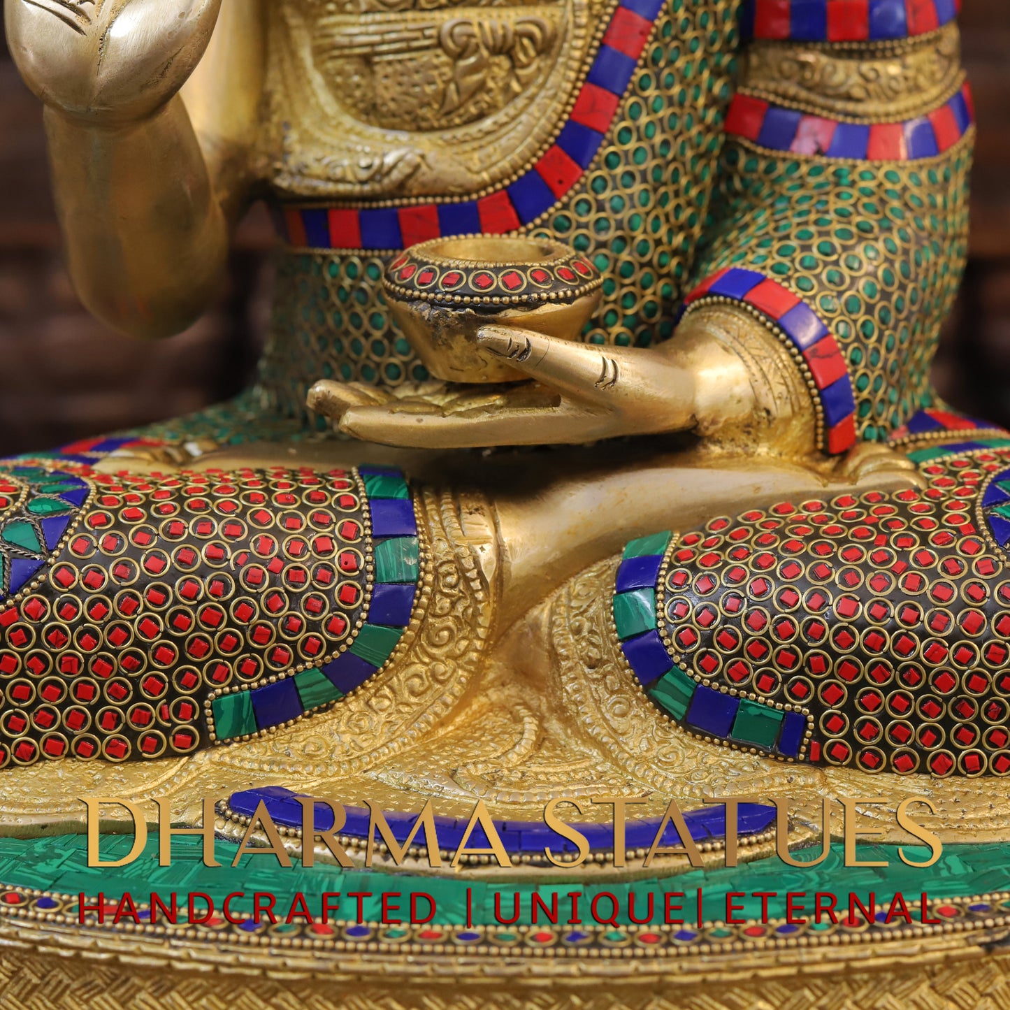 Brass Buddha seated, Blessing Position, Golden & Stonework, 21"