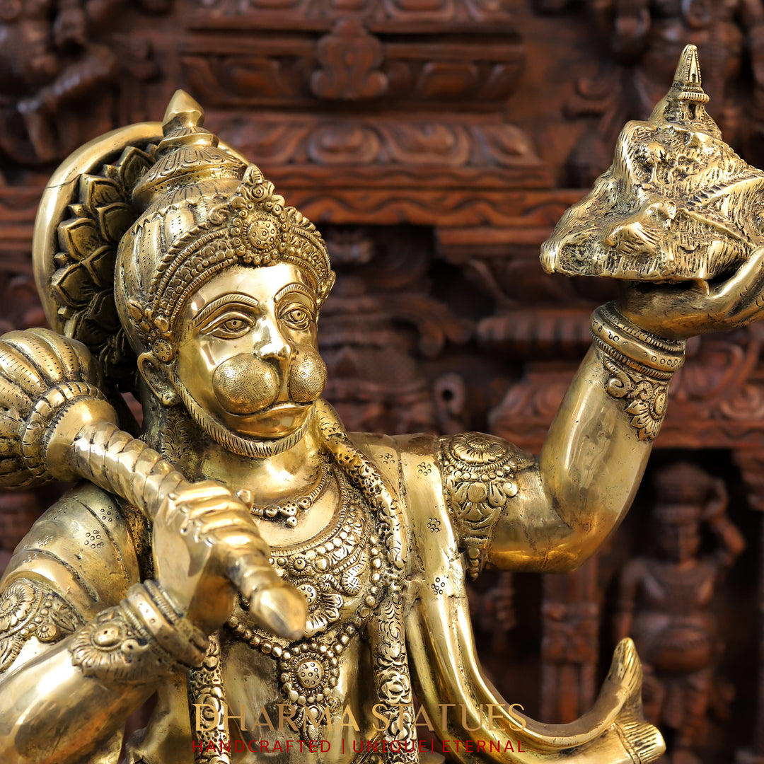 Brass Lord Hanuman, Holding Mountain, Fine Golden Finish 27"