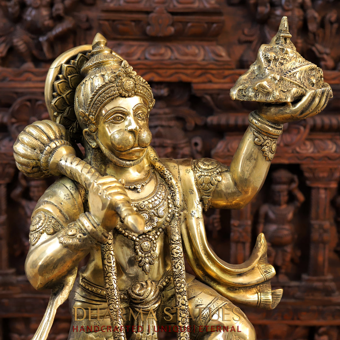 Brass Lord Hanuman, Holding Mountain, Fine Golden Finish 27"