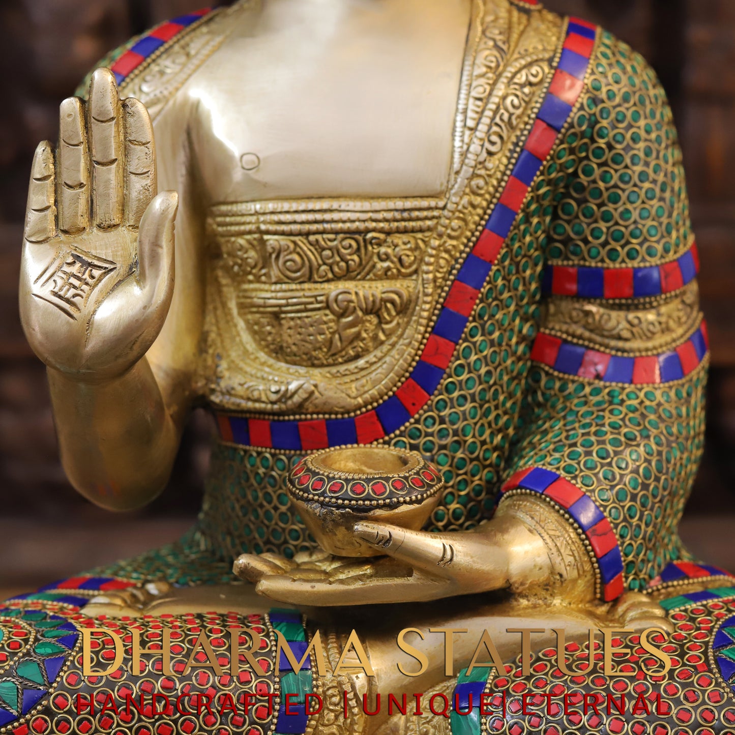 Brass Buddha seated, Blessing Position, Golden & Stonework, 21"