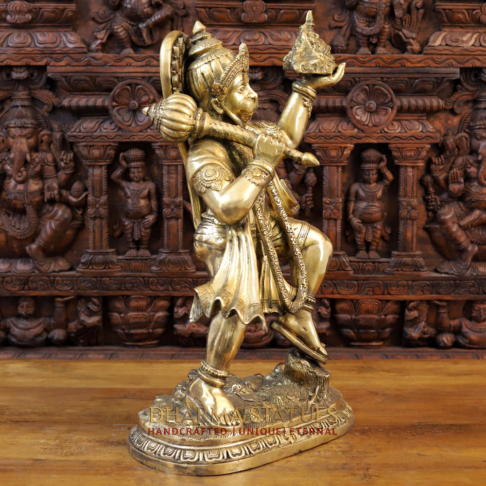 Brass Lord Hanuman, Holding Mountain, Fine Golden Finish 27" side view