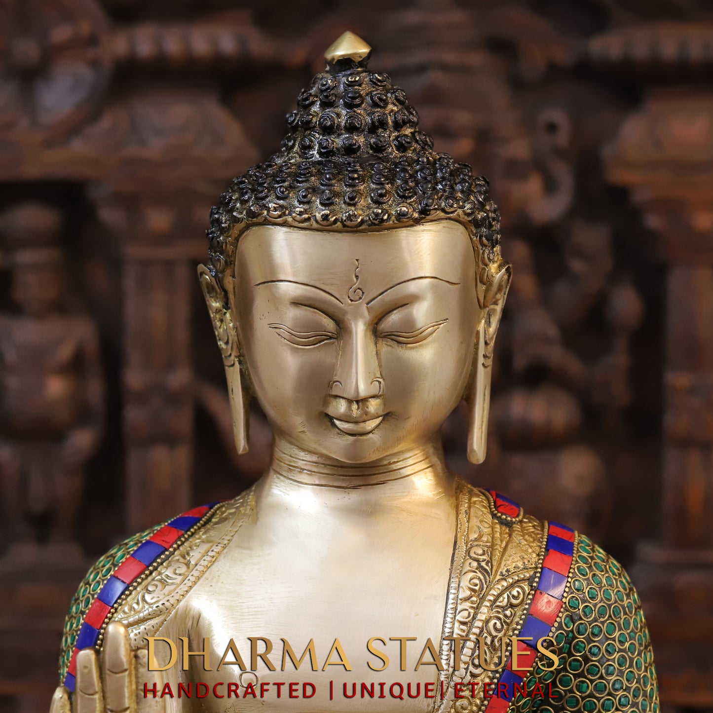 Brass Buddha seated, Blessing Position, Golden & Stonework, 21"