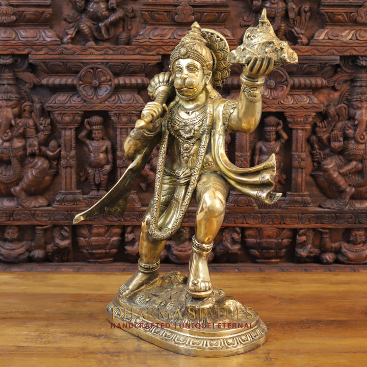 Brass Lord Hanuman, Holding Mountain, Fine Golden Finish 27" side view