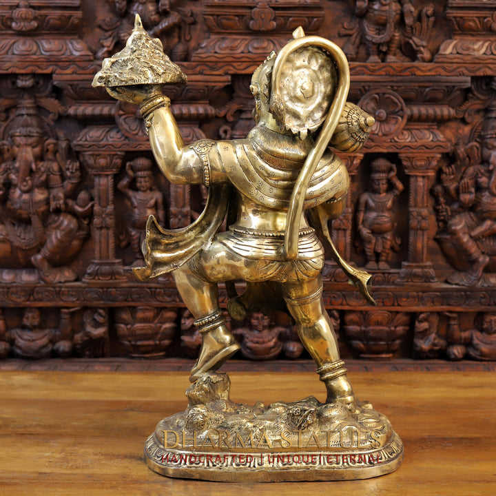 Brass Lord Hanuman, Holding Mountain, Fine Golden Finish 27" back view