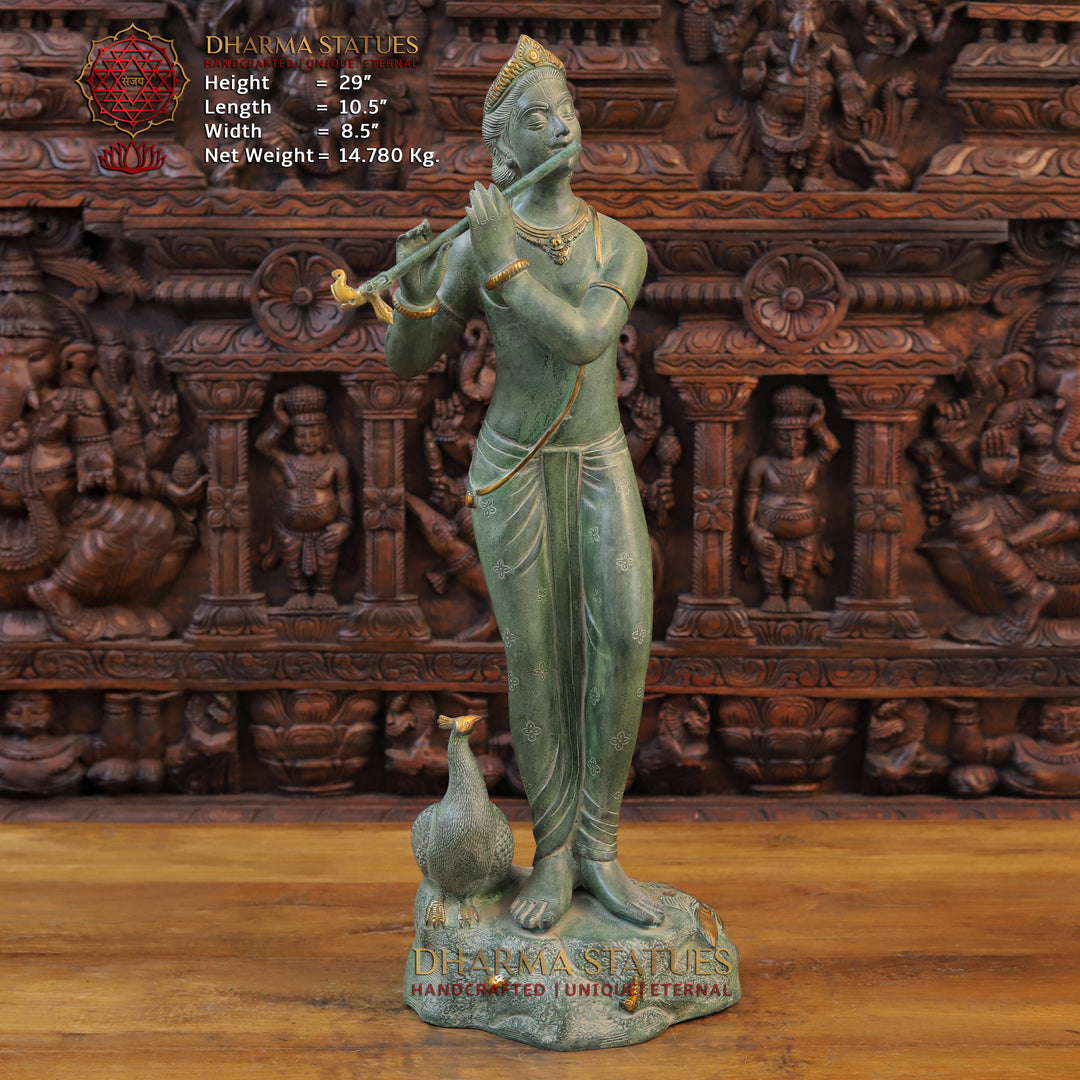 Brass Krishna Statue, Playing Flute Besides Peacock, Green patina Finish 29" Front View