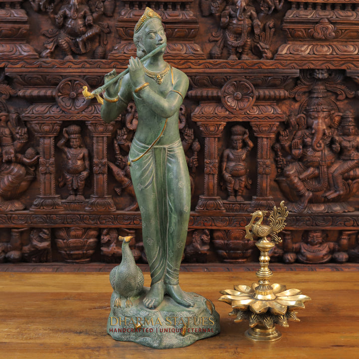 Brass Krishna Statue, Playing Flute with Peacock, Green patina Finish 29"