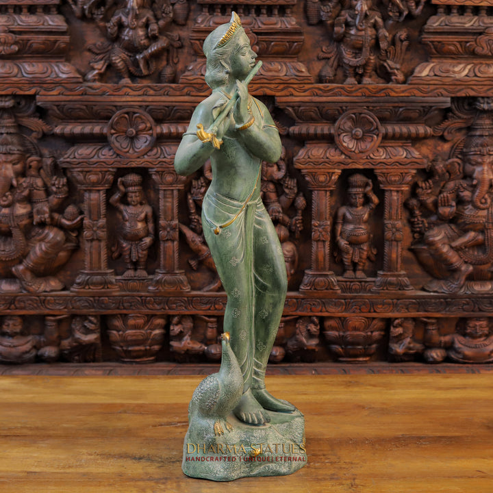 Brass Krishna Statue, Playing Flute Besides Peacock, Green patina Finish 29" side view