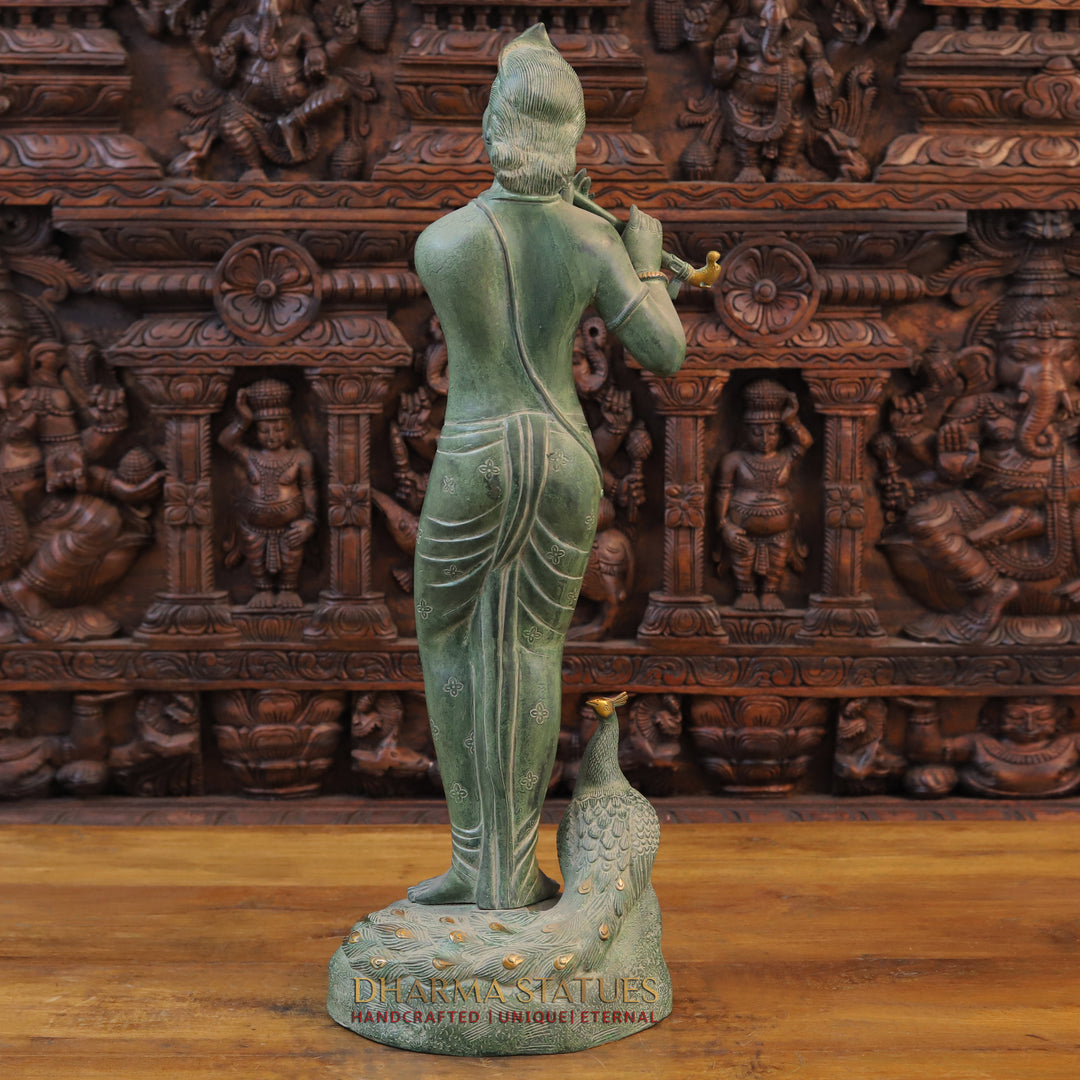 Brass Krishna Statue, Playing Flute Besides Peacock, Green patina Finish 29" back view