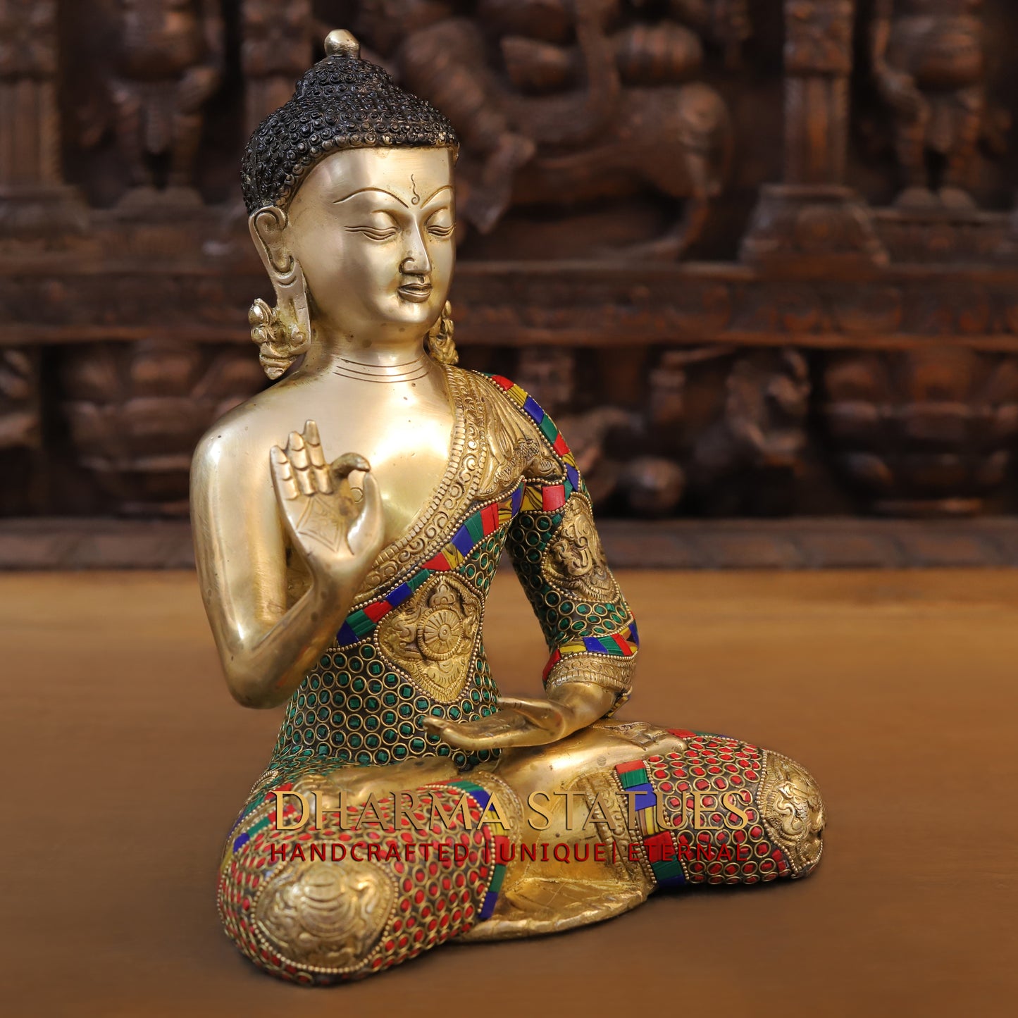 Brass Buddha seated, Blessing Position, Golden & Stonework, 12"