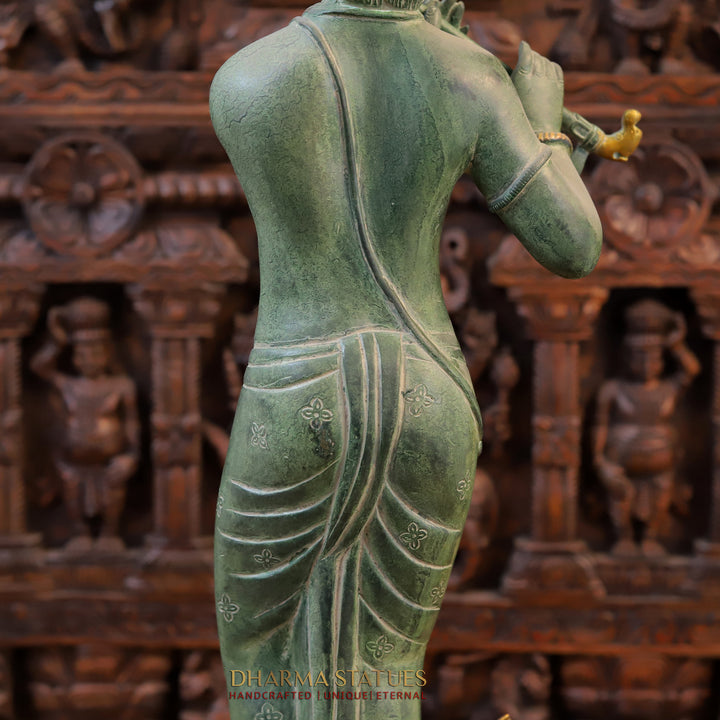 Brass Krishna Statue, Playing Flute with Peacock, Green patina Finish 29"