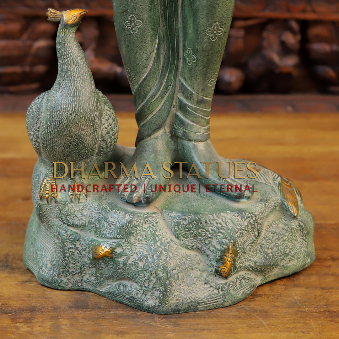 Brass Krishna Statue, Playing Flute with Peacock, Green patina Finish 29"