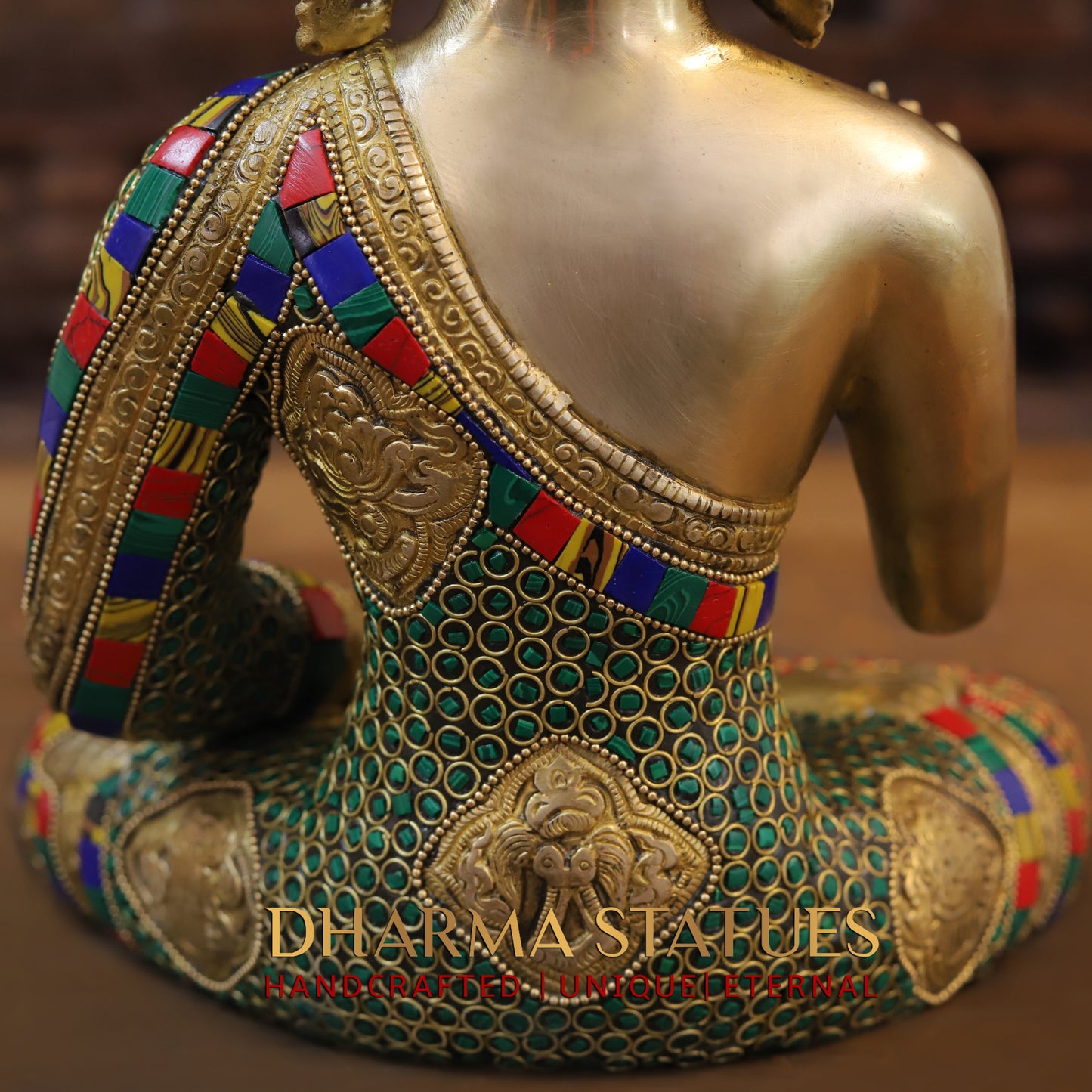 Brass Buddha seated, Blessing Position, Golden & Stonework, 12"