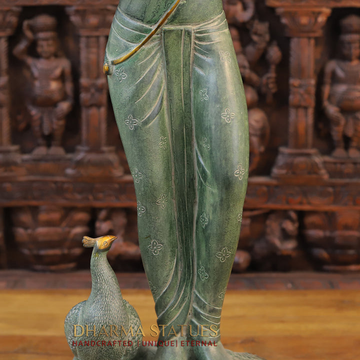 Brass Krishna Statue, Playing Flute with Peacock, Green patina Finish 29"