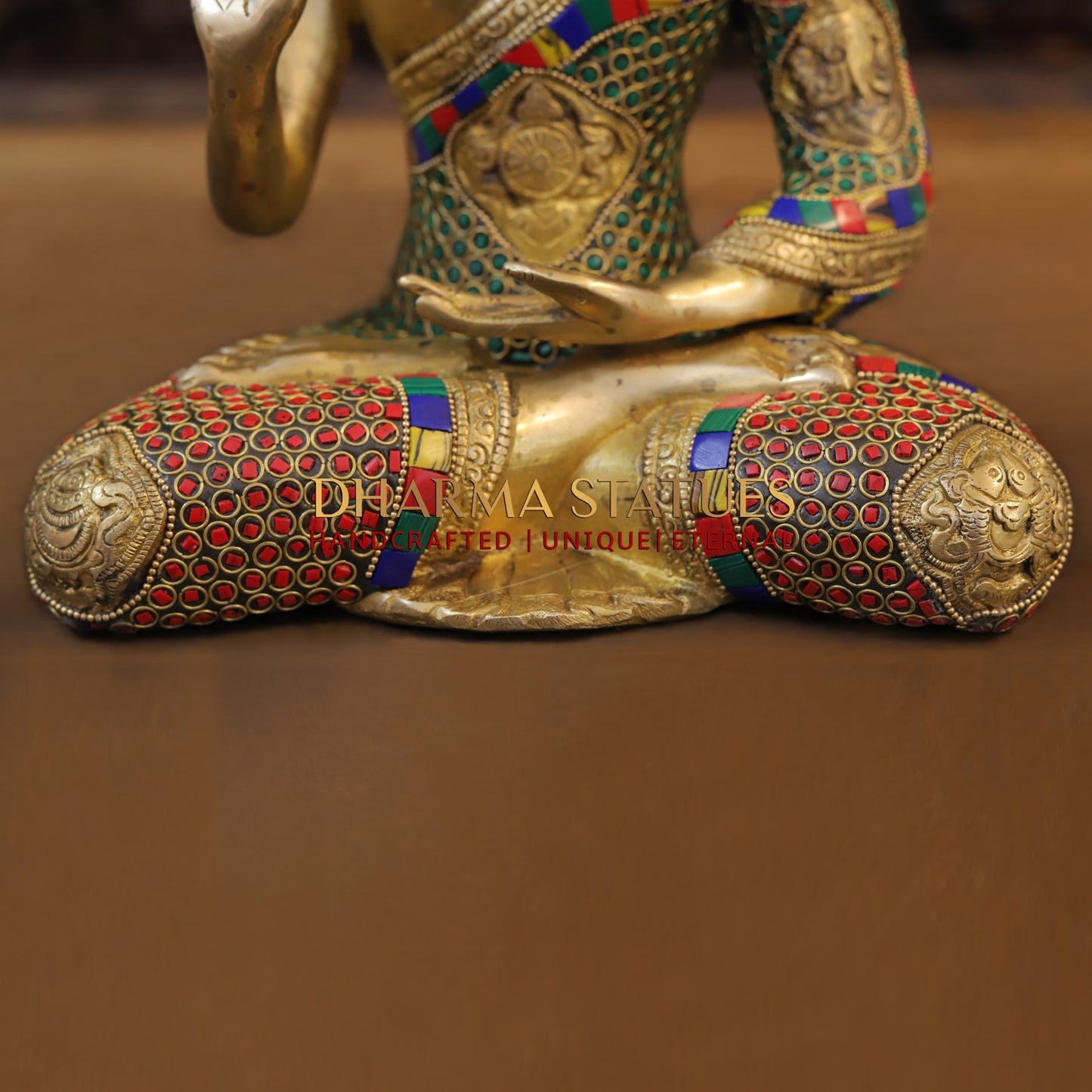 Brass Buddha seated, Blessing Position, Golden & Stonework, 12"