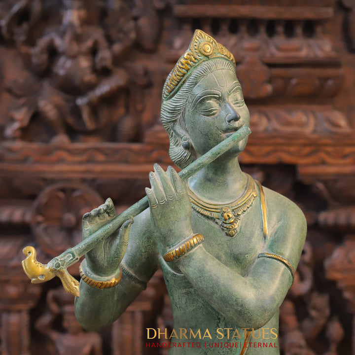 Brass Krishna Statue, Playing Flute with Peacock, Green patina Finish 29"