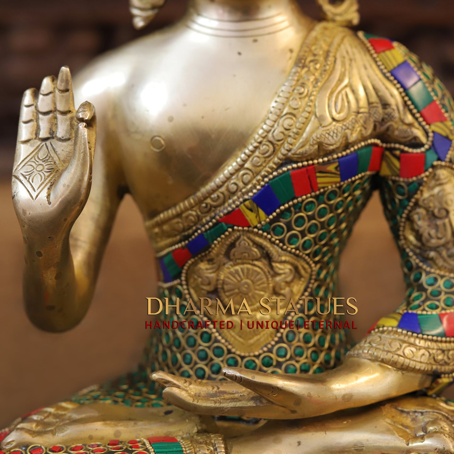Brass Buddha seated, Blessing Position, Golden & Stonework, 12"