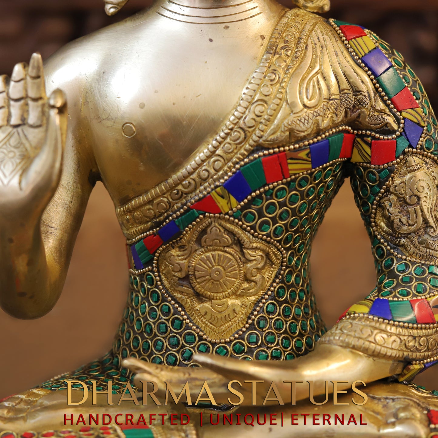 Brass Buddha seated, Blessing Position, Golden & Stonework, 12"