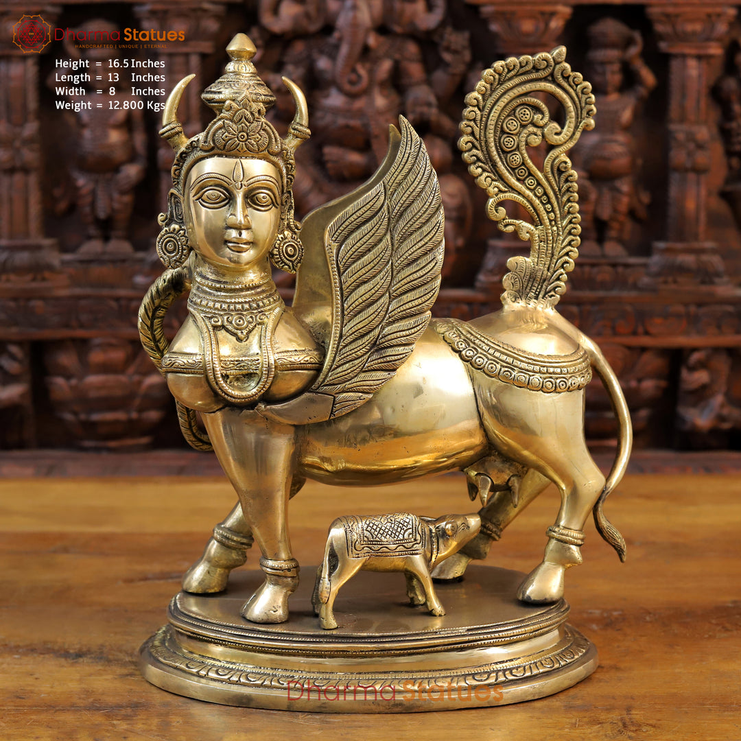 Brass Kamdhenu Cow Idol, With her Calf, Fine Golden Finish 16.5"  Front View