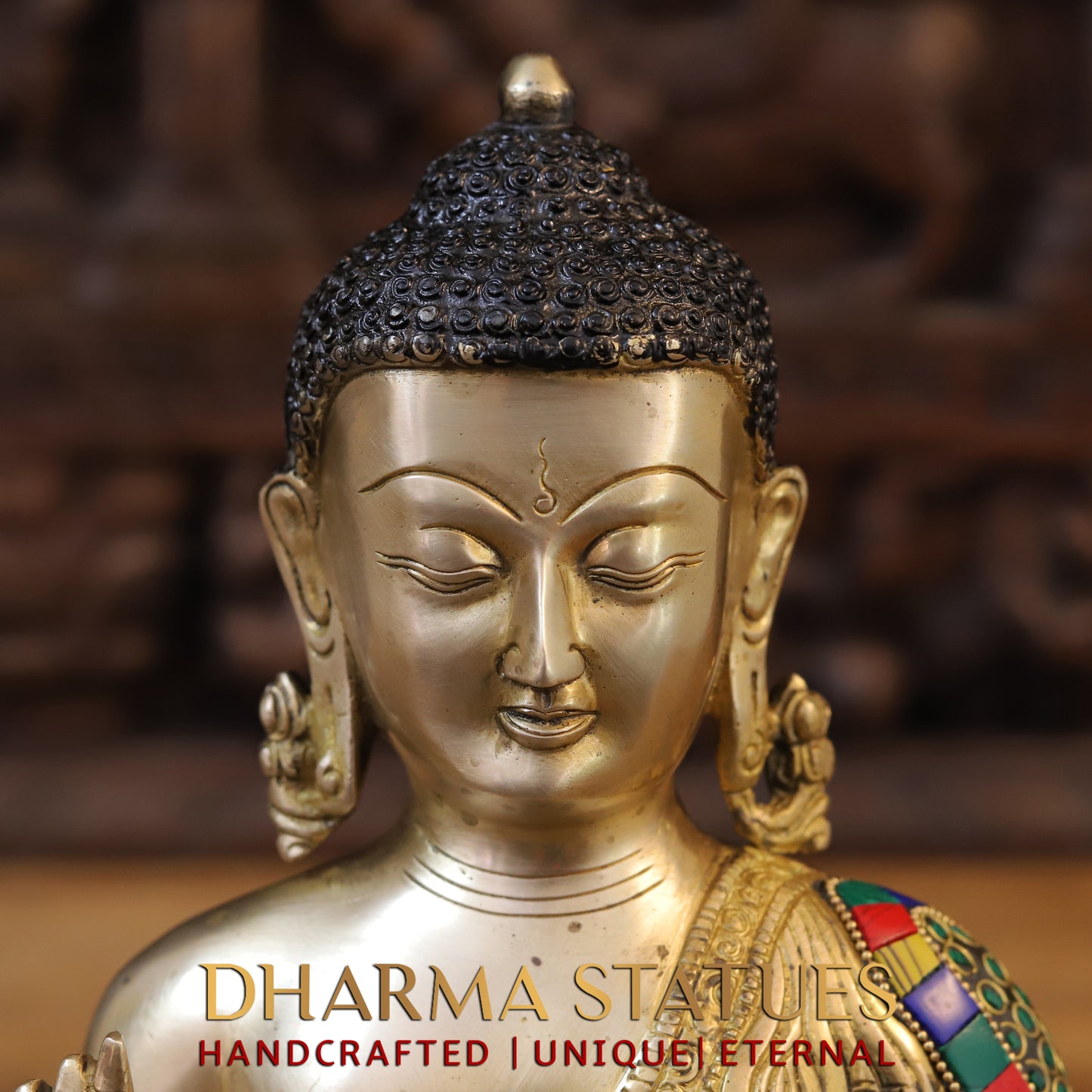 Brass Buddha seated, Blessing Position, Golden & Stonework, 12"