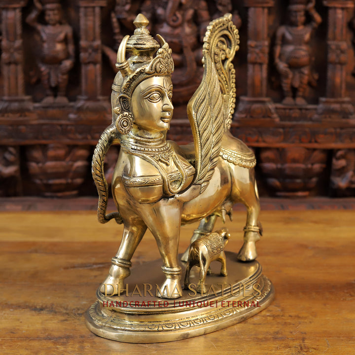 Brass Kamdhenu Cow Idol, With her Calf, Fine Golden Finish 16.5" side view