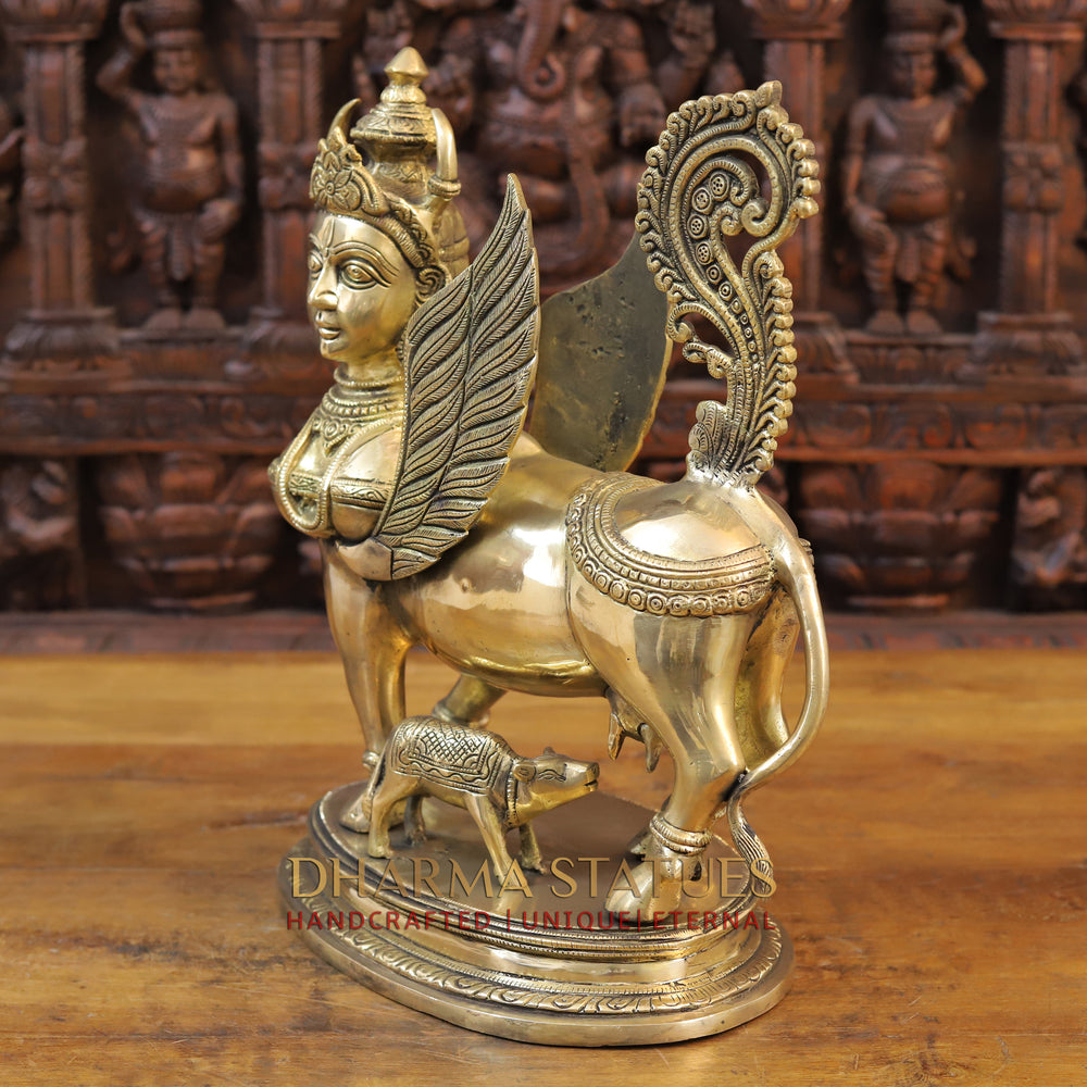 Brass Kamdhenu Cow Idol, With her Calf, Fine Golden Finish 16.5" side view