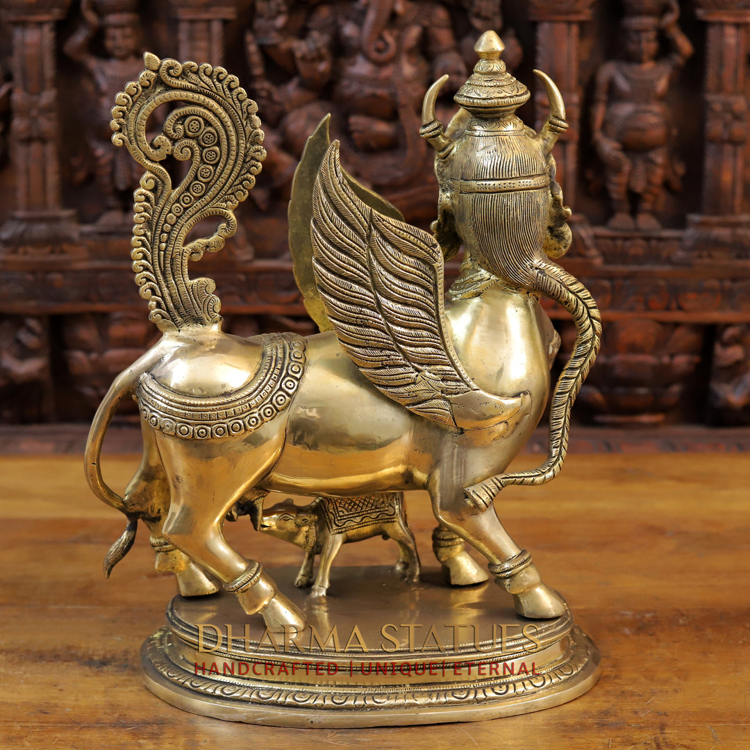 Brass Kamdhenu Cow Idol, With her Calf, Fine Golden Finish 16.5" back view