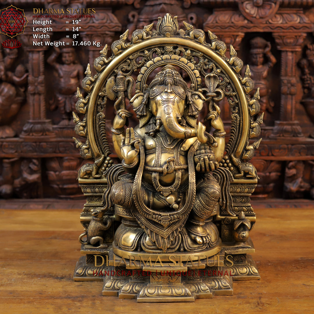 Brass Ganesh Statue, Seated on a Pedestal, Fine Golden Finish 19" Front View