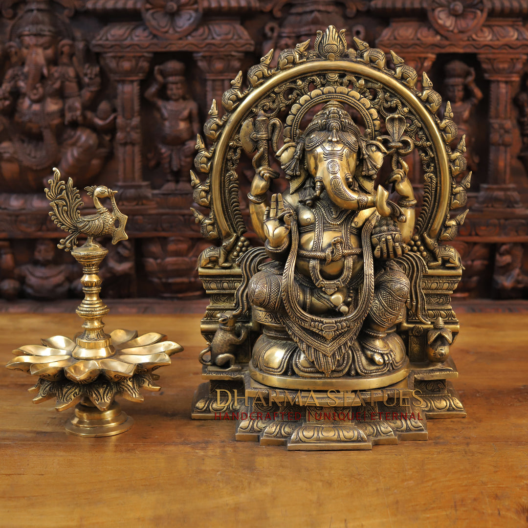 Brass Ganesh Seated On Rat frame, Fine Golden Finish 19"