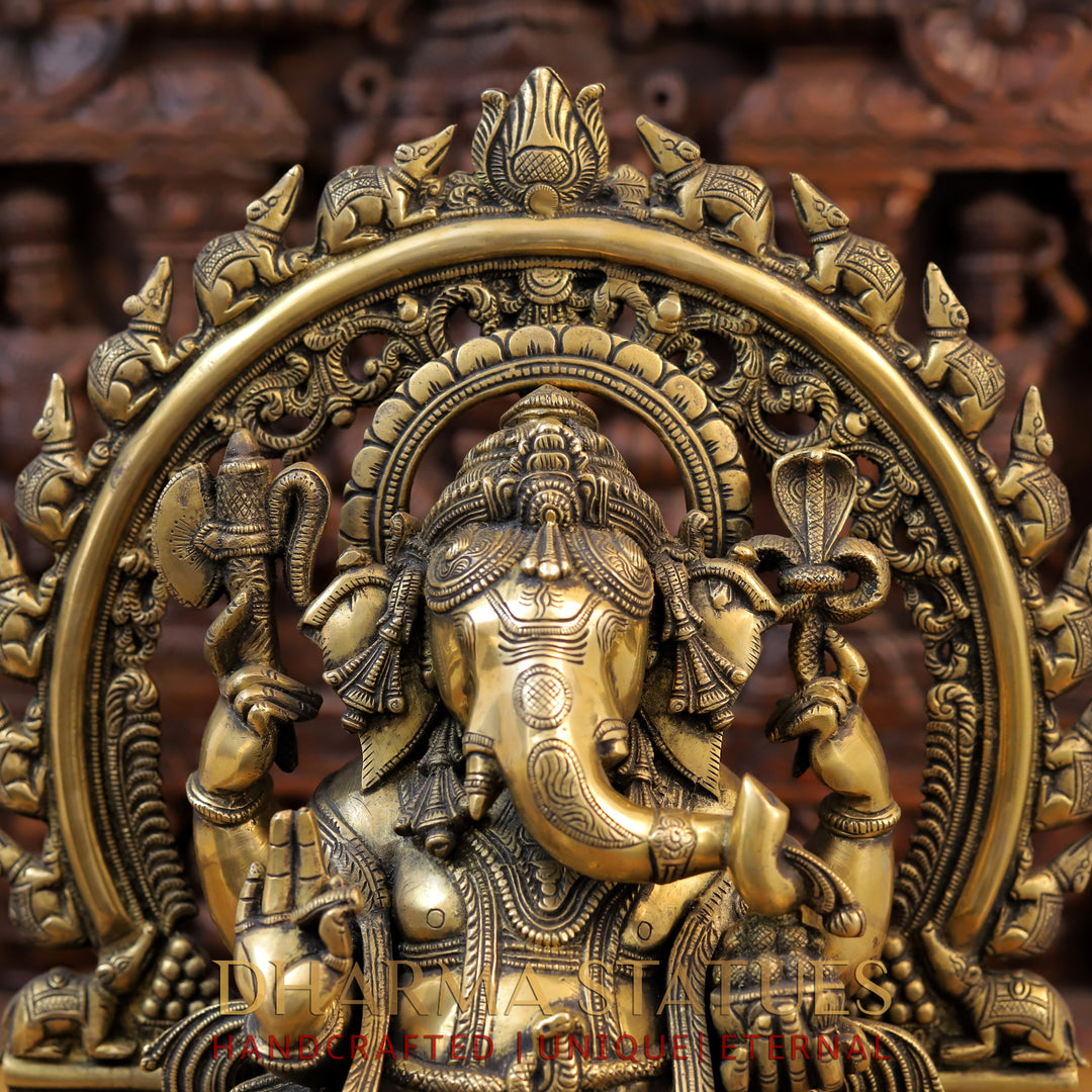 Brass Ganesh Seated On Rat frame, Fine Golden Finish 19"